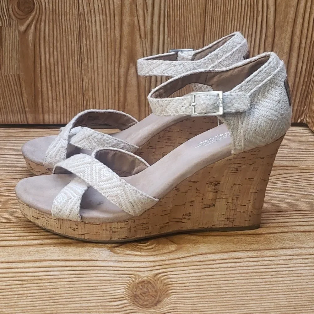 Toms Wedges Womens 10 Sienna Cork Sage Green Ankle Strap Peep Toe